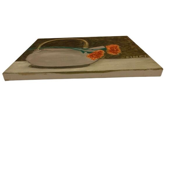 Flower Pot Canvas Painting 14 x 11 in Teapot Handmade Home Decor Boho Floral - Picture 4 of 9